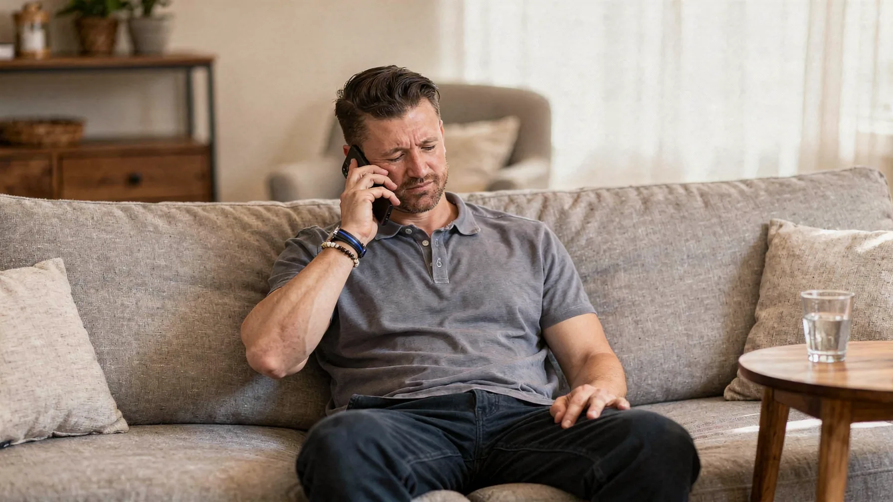 A person on the phone on a sofa with a glass of water on the side table