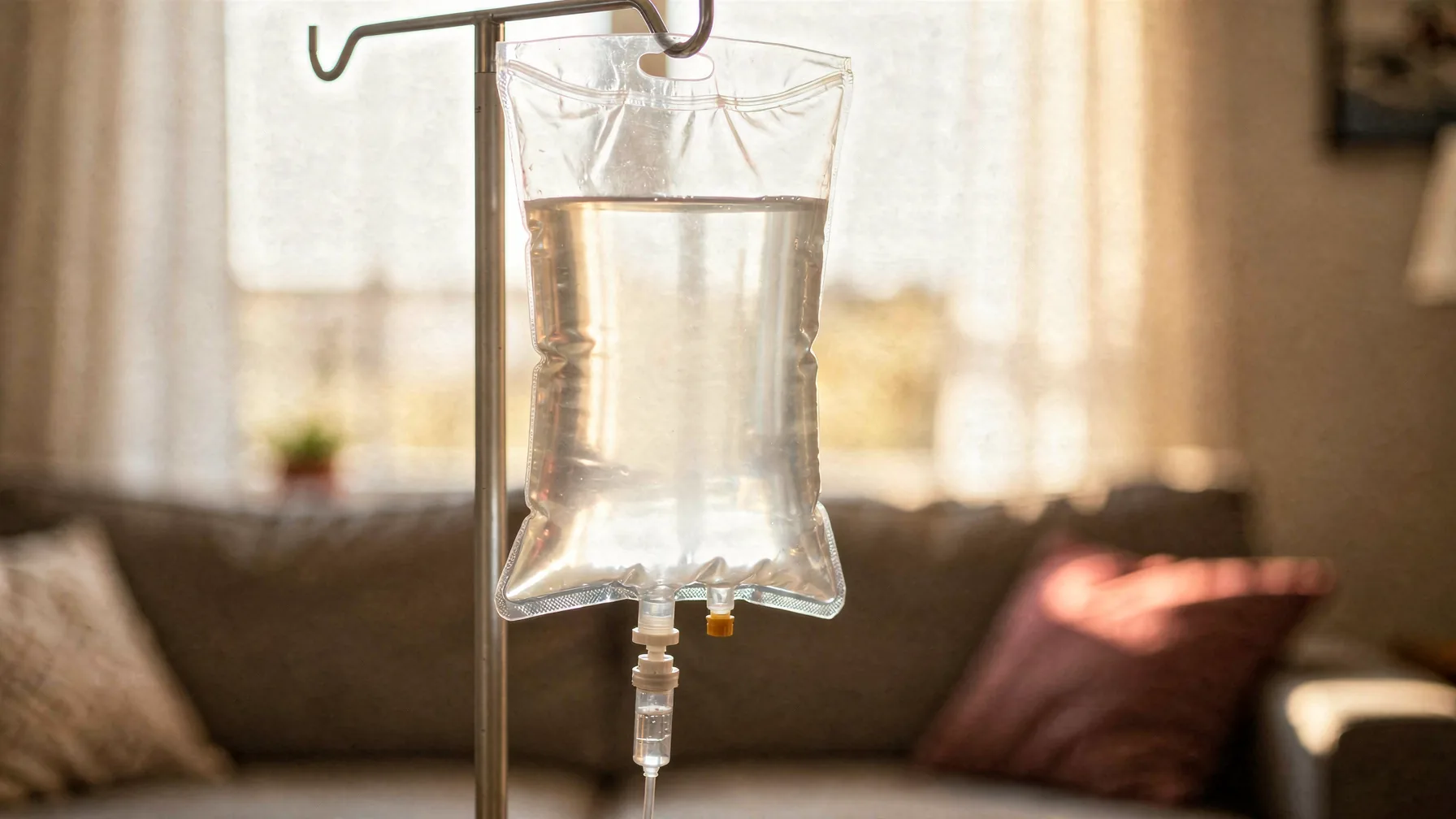 A bag of IV fluids hanging on a stand in a home, afternoon light through the window